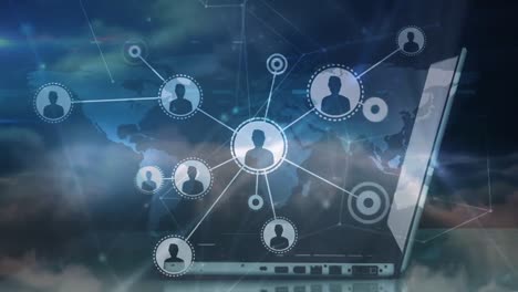 animation eines netzwerks von verbindungen mit icons und laptop auf blauem hintergrund