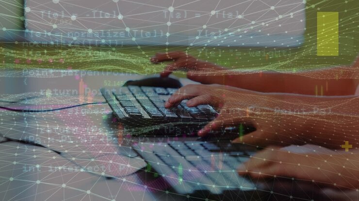 Animação de processamento de dados sobre as mãos de crianças caucasianas digitando em teclados.