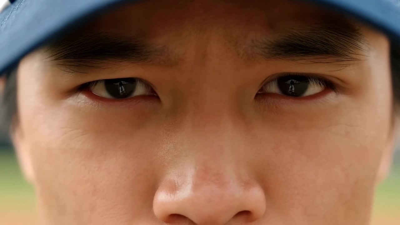 파란색 모자를 쓴 사람이 통제된 실내 환경에서 카메라를 직접 바라보며 미묘한 머리 움직임을 보이고 있으며, 중립적이거나 약간 호기심 어린 분위기를 전달합니다.