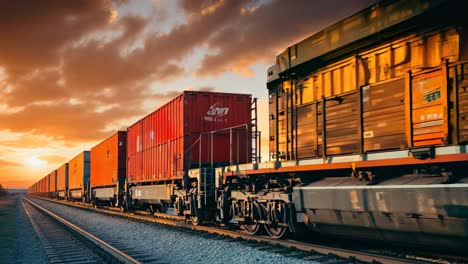 freight train hauling cargo under a vibrant sunset sky on railway tracks
