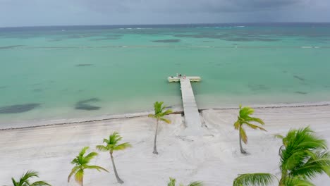 hermosa vista de la playa de juanillo entre los cocoteros, agua azul turquesa cielo nublado en cap cana
