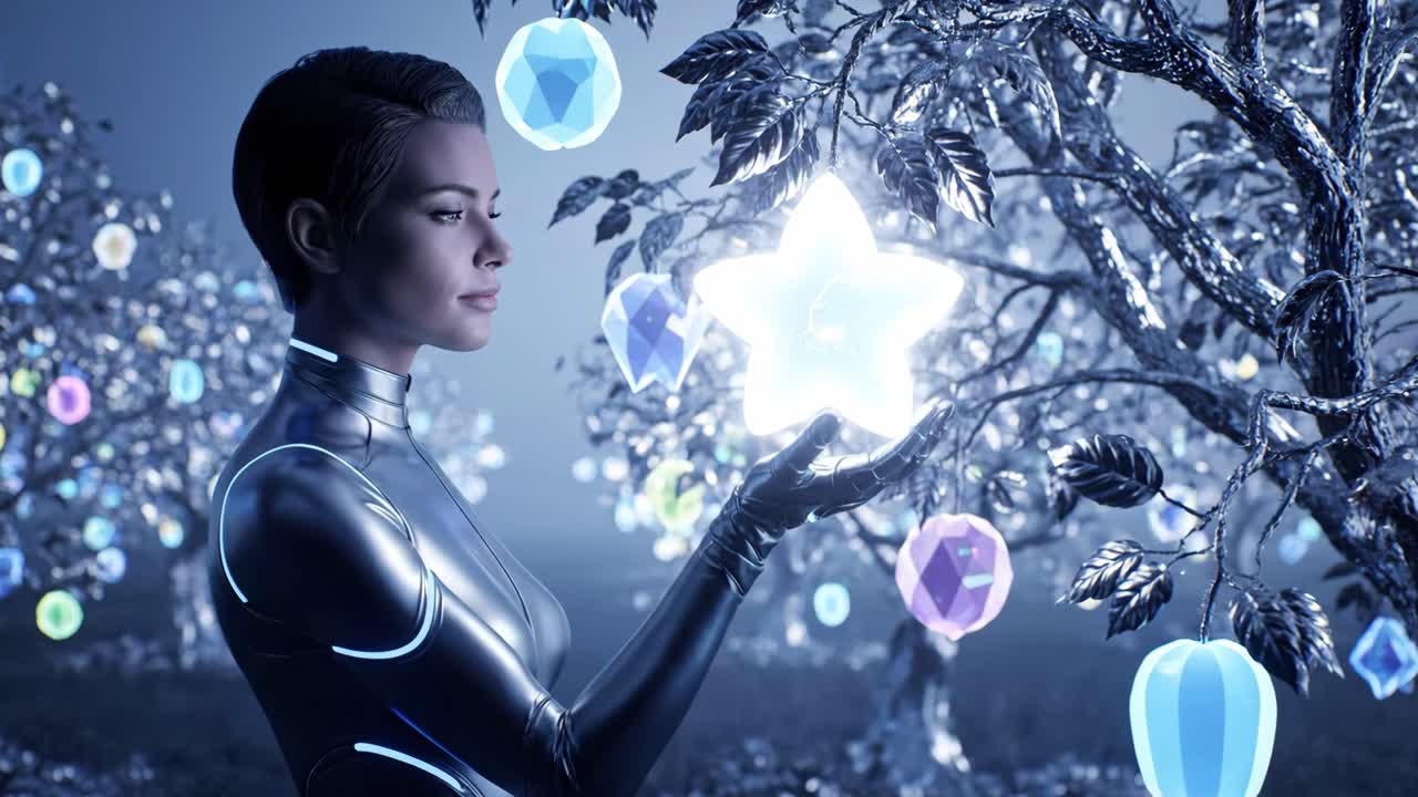 Futuristic woman holding a glowing star in a fantasy tree landscape
