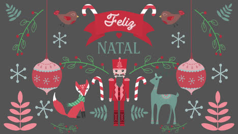 animation of felig natal words with animals on christmas decorations background