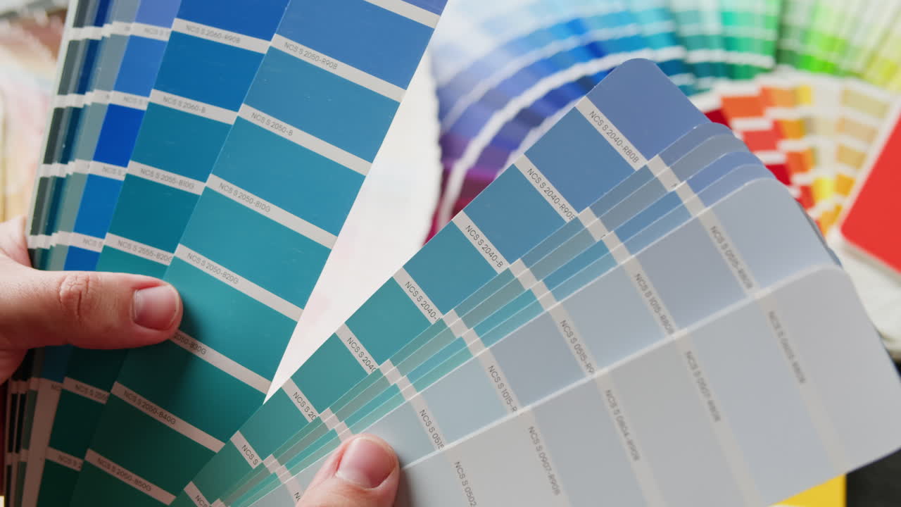 persona que sostiene muestras de pintura y paletas de colores