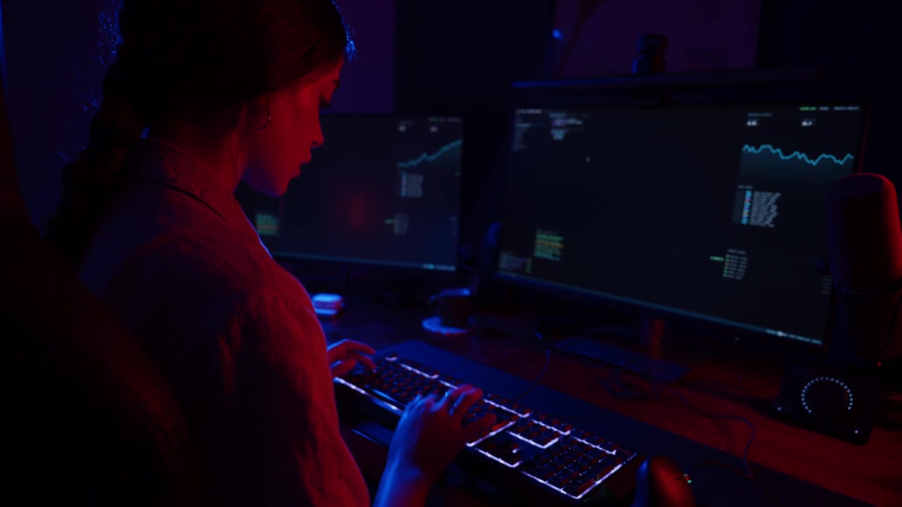 Young Woman Coding on Computer in Dark Room with Neon Lighting
