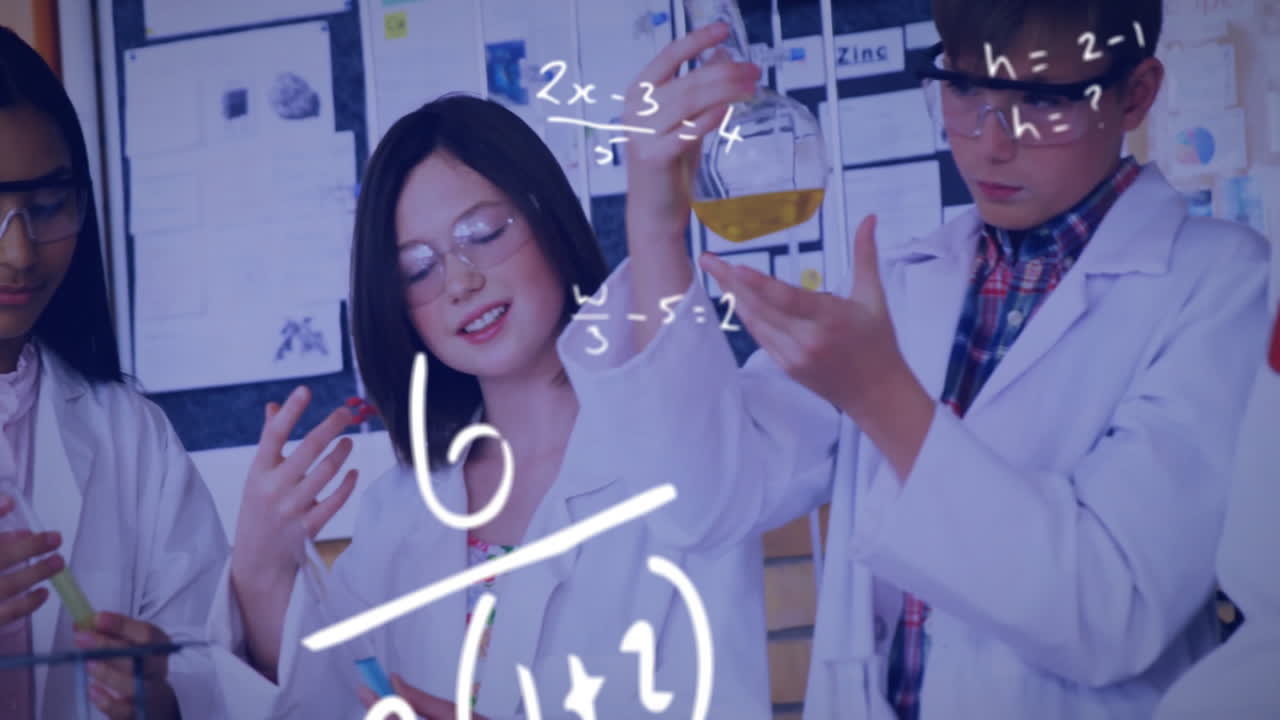 실험실에서 다양한 어린이 과학자들에 대한 과학적 데이터 처리의 애니메이션