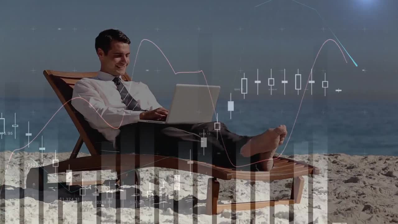 해변에서 휴식을 취하는 동안 노트북을 사용하는 사업가