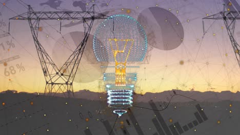 Animation-of-light-bulb-and-data-processing-over-electricity-pylons