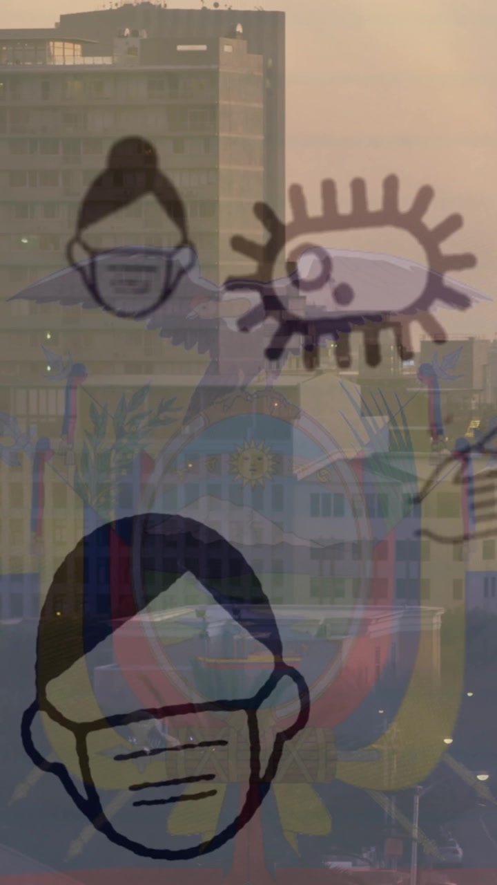 Animación de iconos de coronavirus y la bandera de Ecuador sobre un paisaje urbano