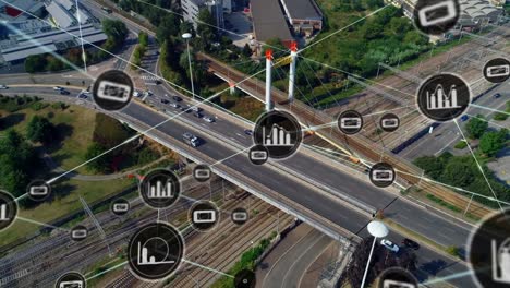 animation of network of connections with icons over cityscape