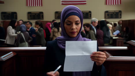 a woman in a hijab reads a document in a formal setting