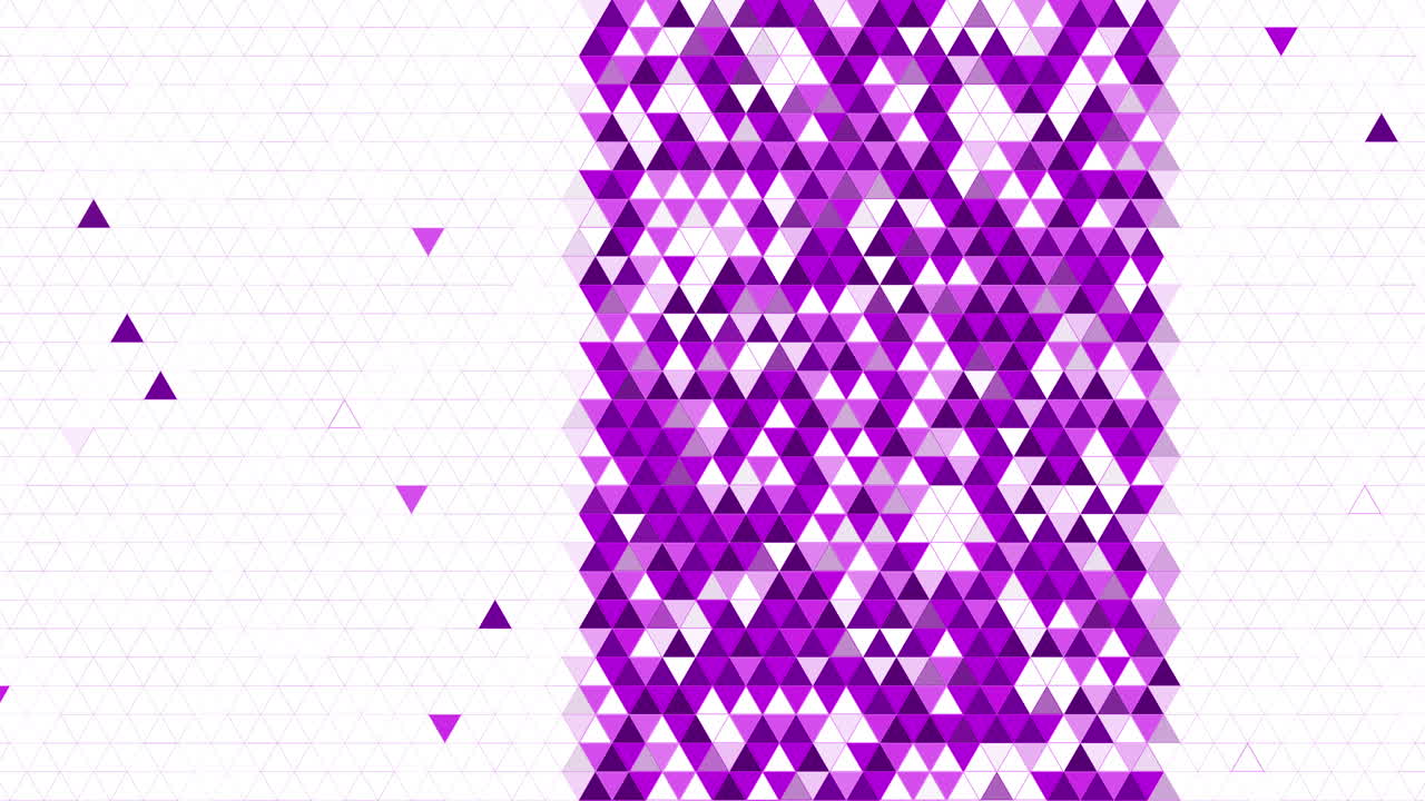 Dense vertical stripe of purple and magenta triangles flanked by white empty space. Violet triangle mosaic pattern with copy space. Loop animation