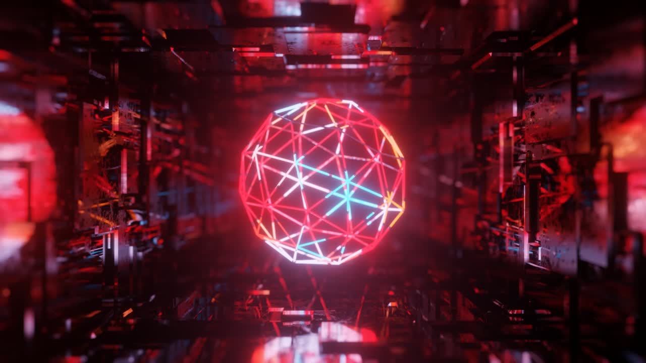 el objeto o estructura 3d gira y se mueve dentro del túnel de espejo de vidrio con luz de neón, reflejos brillantes. esfera. fantástico resumen bg en 4k. vj para mostrar. sci fi bg volar a través del túnel hi tech. marcos