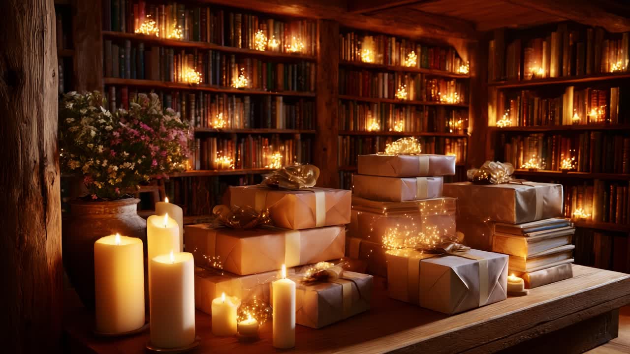 A Warm and Inviting Scene of Wrapped Holiday Gifts and Flickering Candles Set Against a Cozy Library Backdrop, Illuminated by Soft Light and Surrounded by Shelves Full of Books
