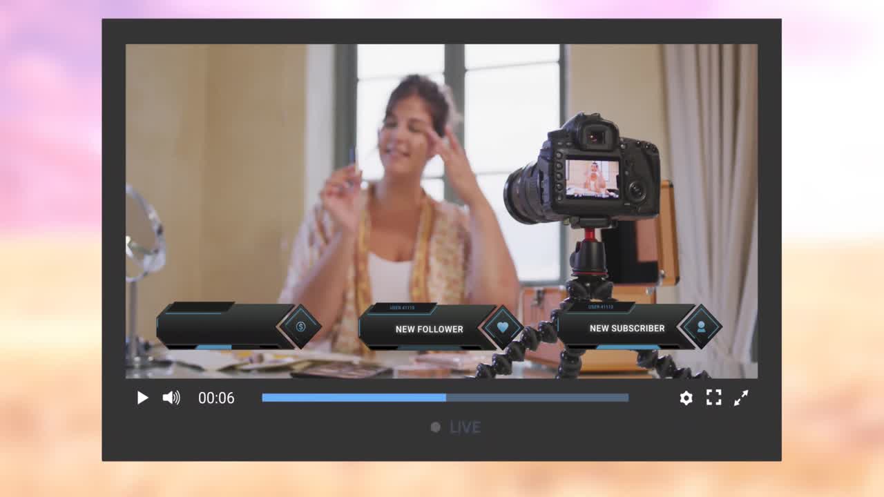 animación de la pantalla de las redes sociales sobre una mujer caucásica haciendo un video blog en casa