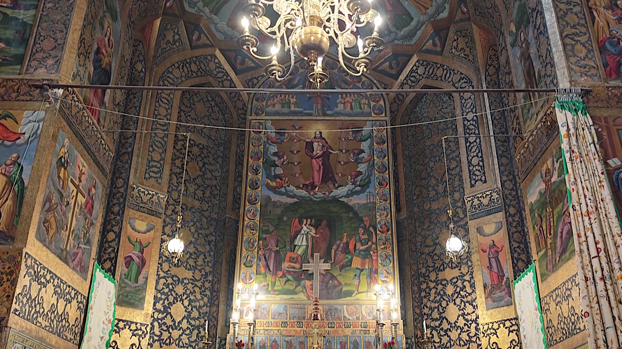 Interior of Vank Cathedral with Ornate Frescoes and Chandelier