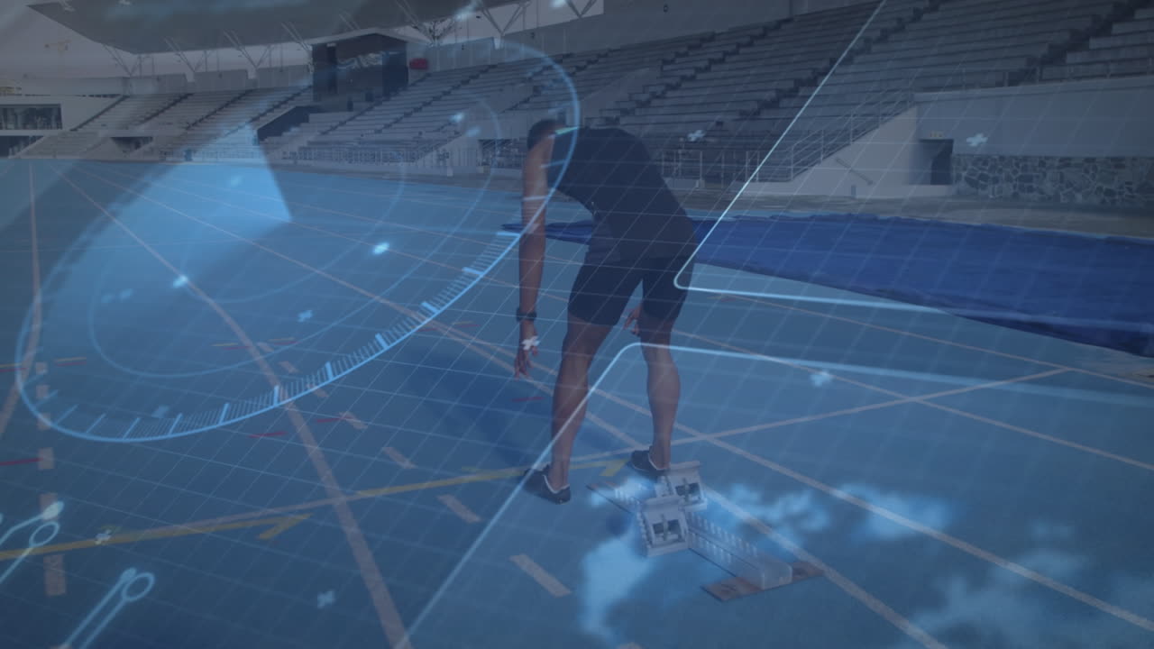 경기장에서 경주를 준비하는 두 인종 남성에 대한 처리 서클의 애니메이션