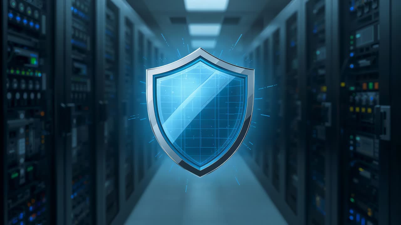 Frame sequence showing shield appearing and brightening in server corridor, guarding racks and LEDs