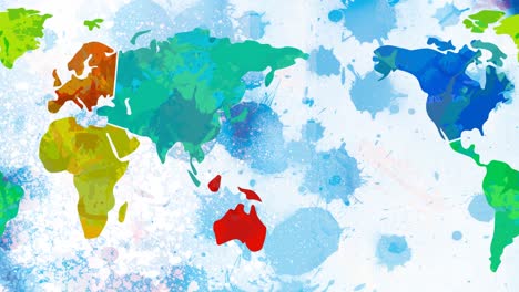 animation of multi coloured world map moving over blue ink stains in background