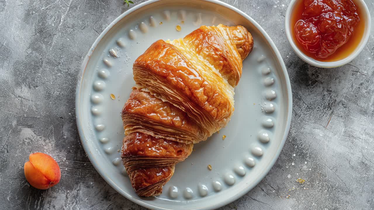 Un croissant dorato e sfogliato con marmellata di albicocche e albicocche fresche