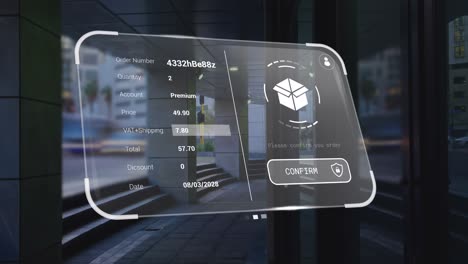 animation of digital interface with data processing over cityscape