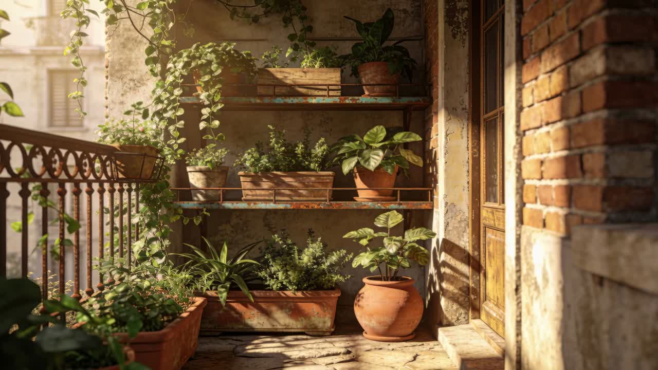 Telecamera in movimento che rivela una mensola piena di piante su un balcone illuminato dal sole, evidenziando vasi in terracotta.