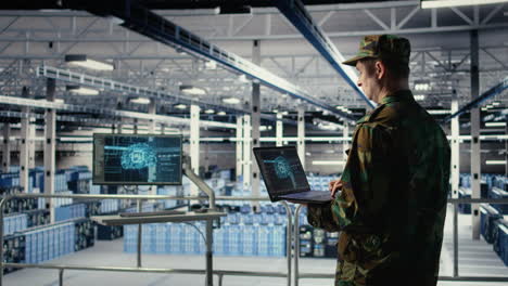soldier in engineering role uses ai on laptop to manage server hub systems