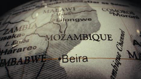 Close-up view of a globe showing the countries of southern Africa.