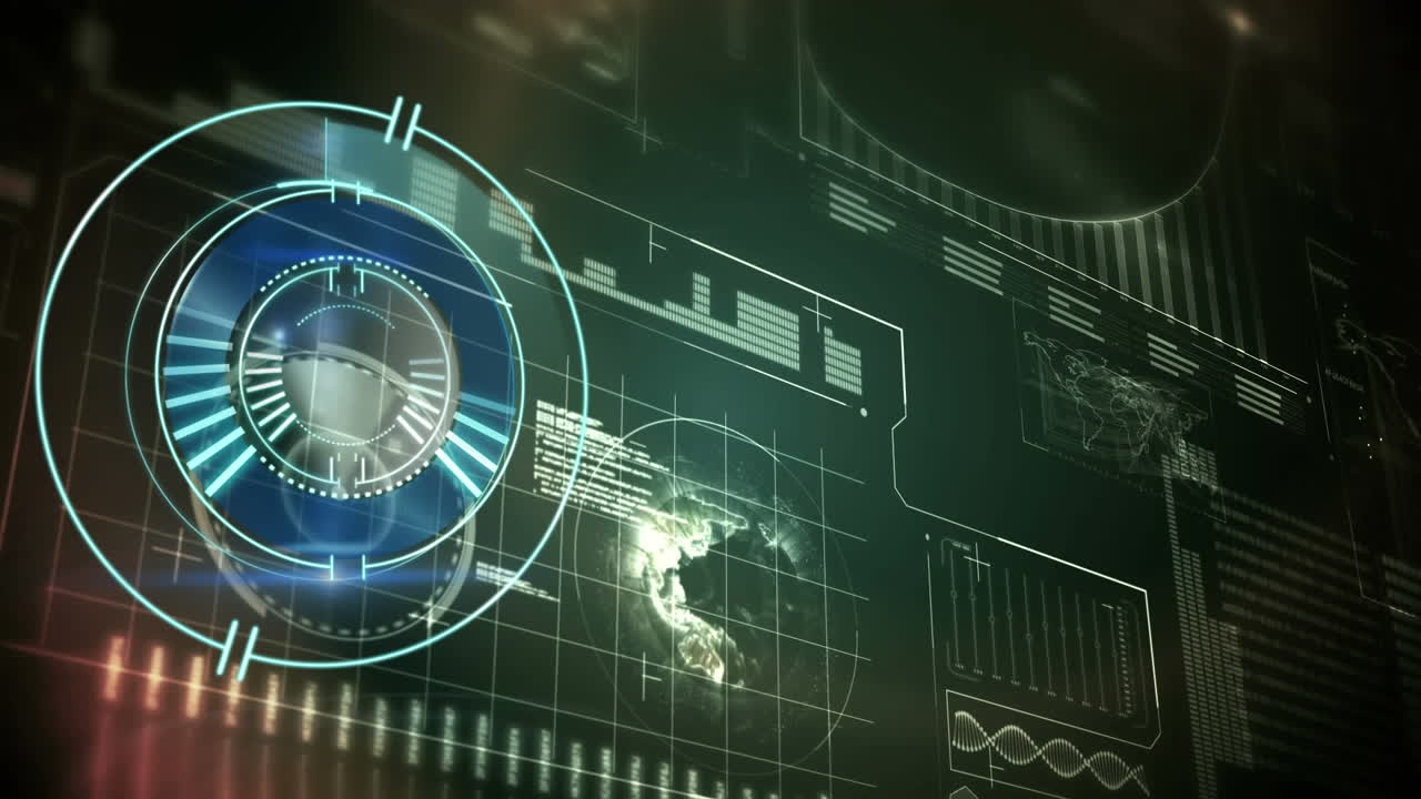 animación del reloj y el procesamiento estadístico sobre un fondo oscuro