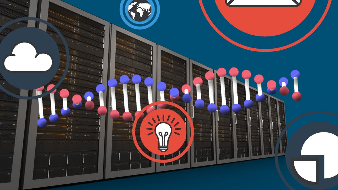 Animation of social media icons and dna strand spinning over servers