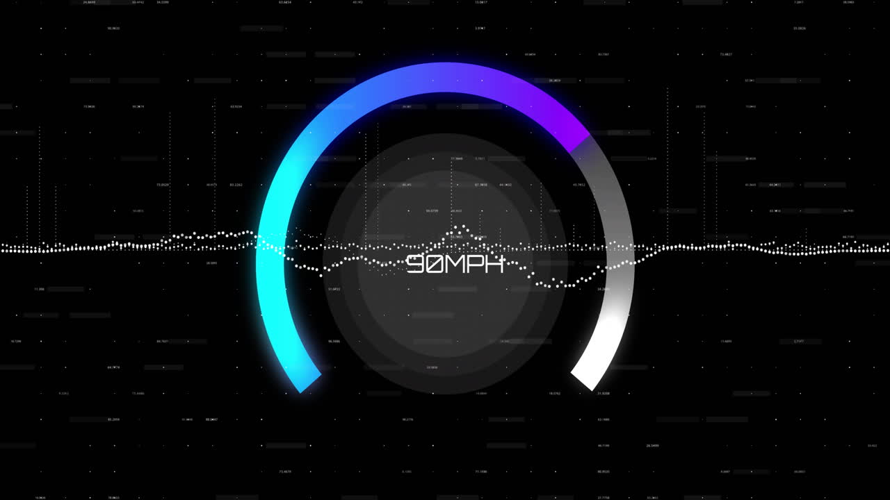 검은색 배경에서 스피도미터 번호와 데이터 처리의 애니메이션