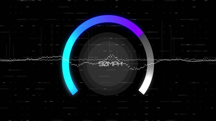 Animación de números de velocímetro y procesamiento de datos sobre fondo negro