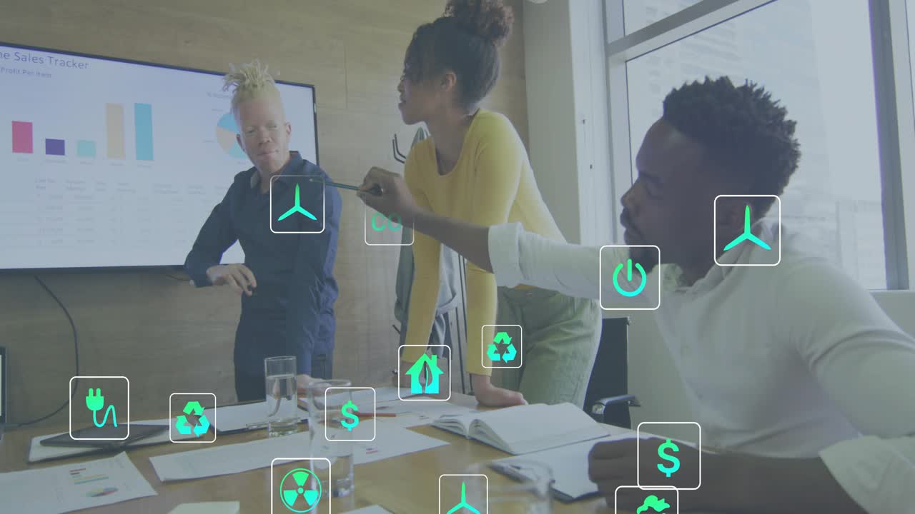 Presenter gesturing toward chart launching floating green finance icons while team discussing data