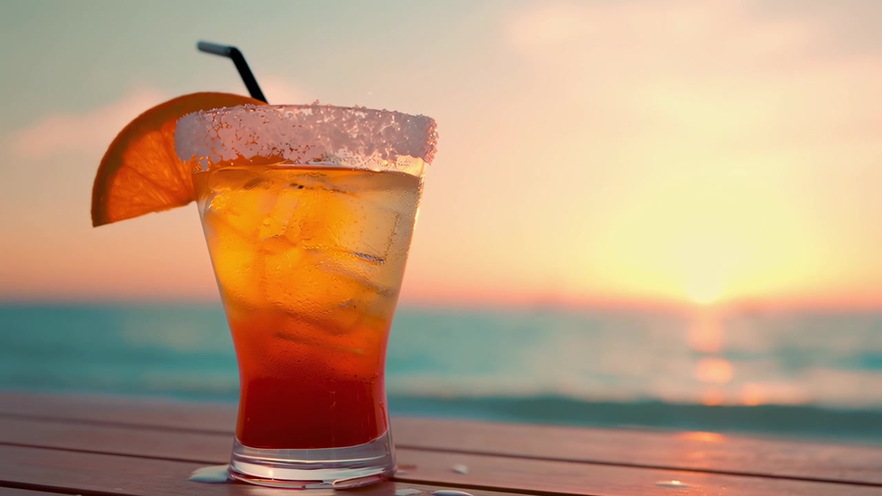 Cocktail tropicale rinfrescante su un tavolo da spiaggia al tramonto