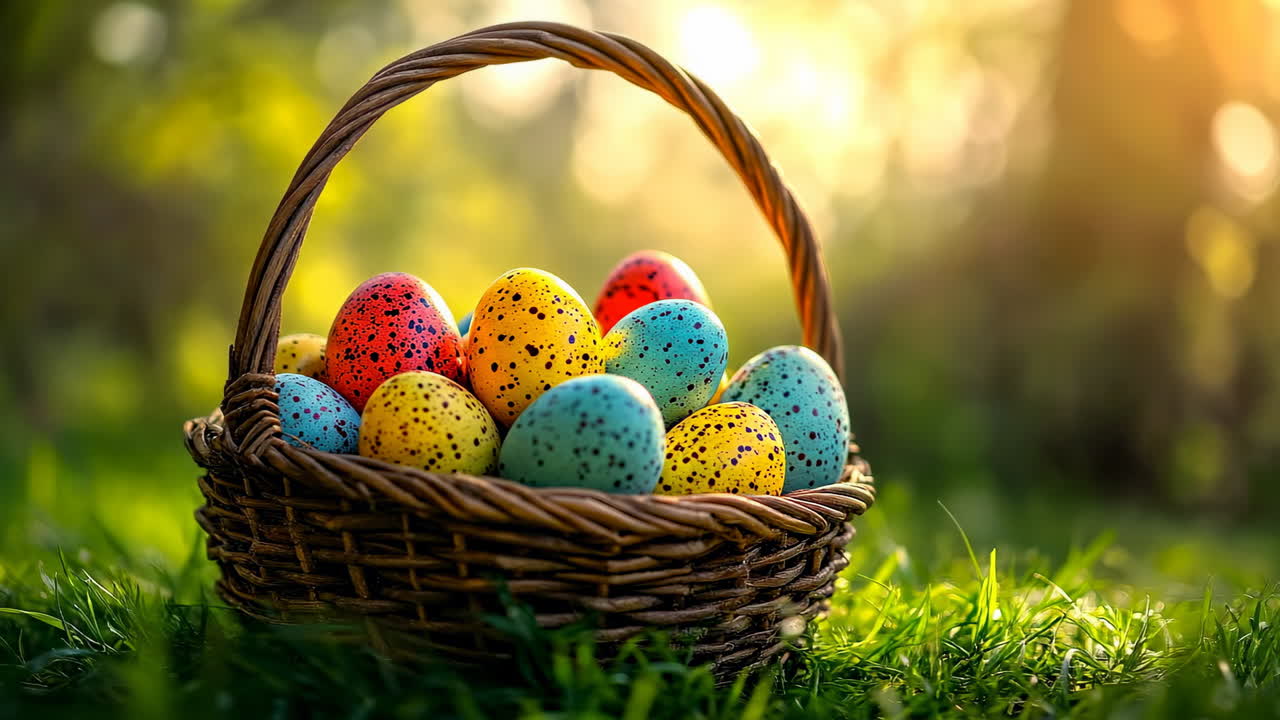 Colorful Easter eggs in a woven basket. A woven basket filled with ...