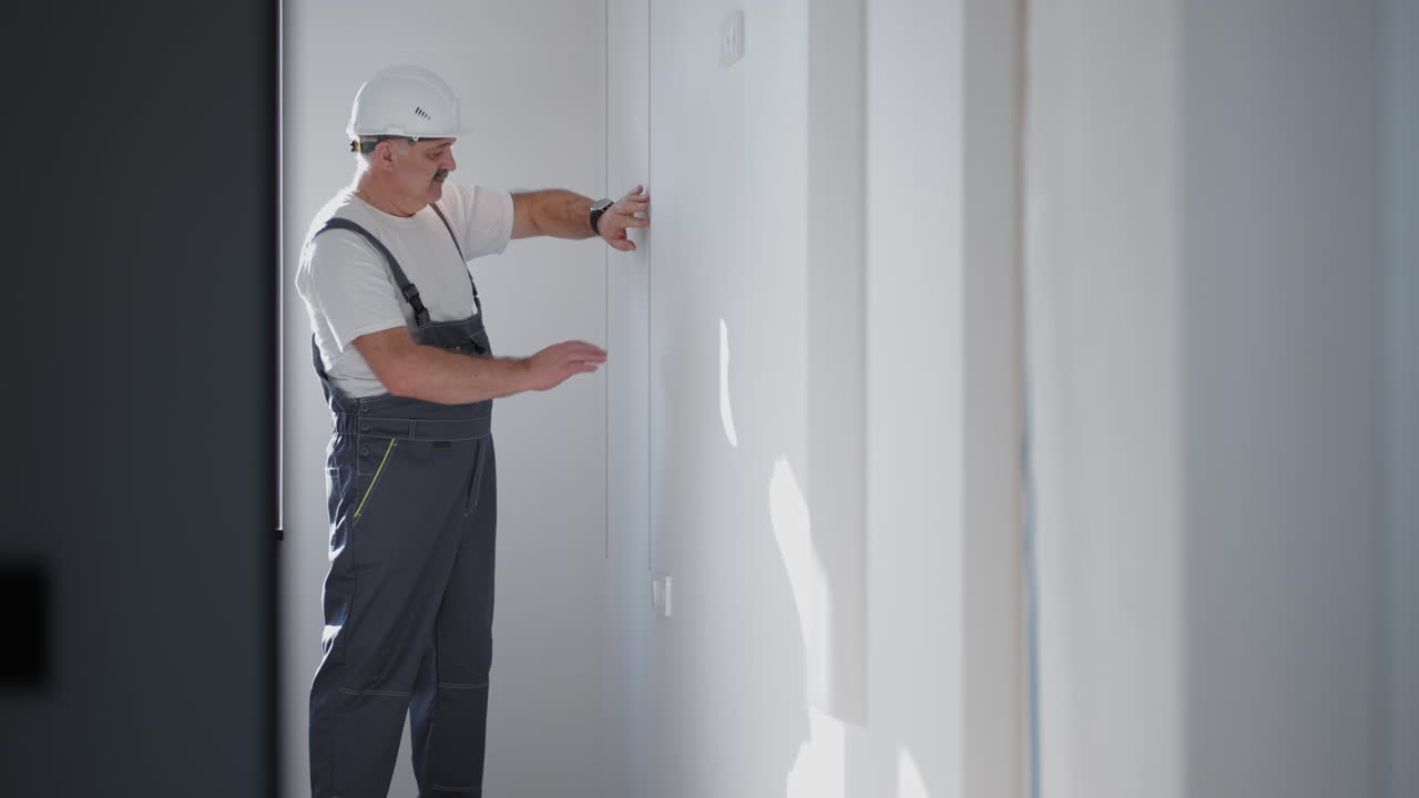 An electrician in a helmet installs and checks LED strips for illumination in the apartment. Turn on the light and decorative lights