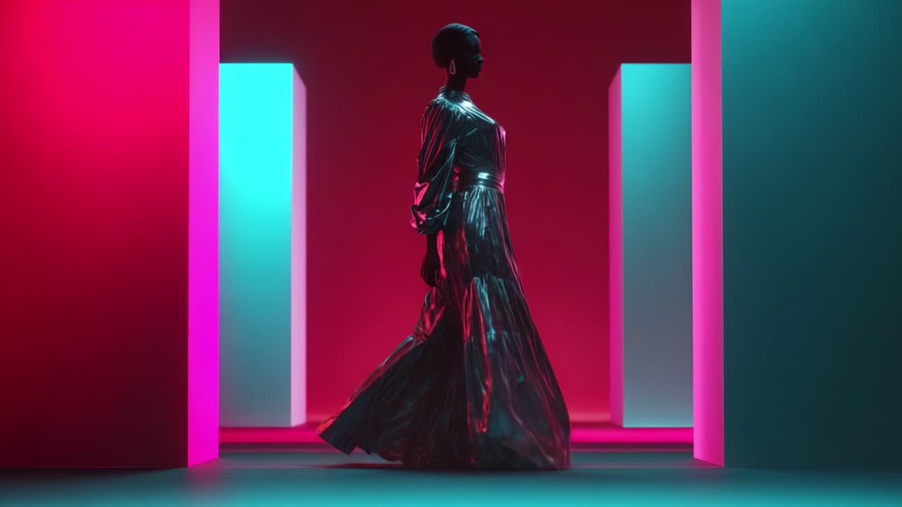 Futuristiskt metalliskt mode i neonstudio