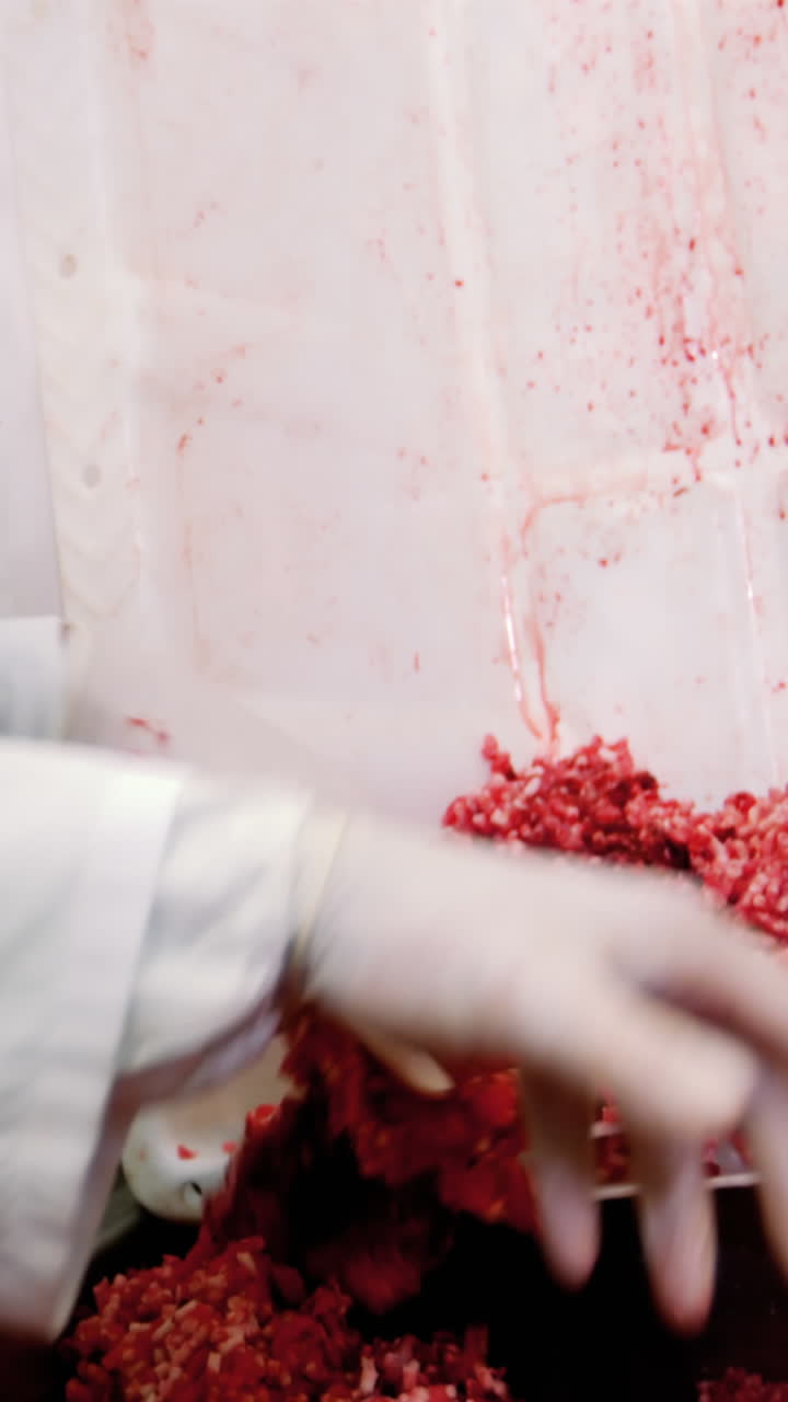 мясники кладут мелкое мясо в контейнер