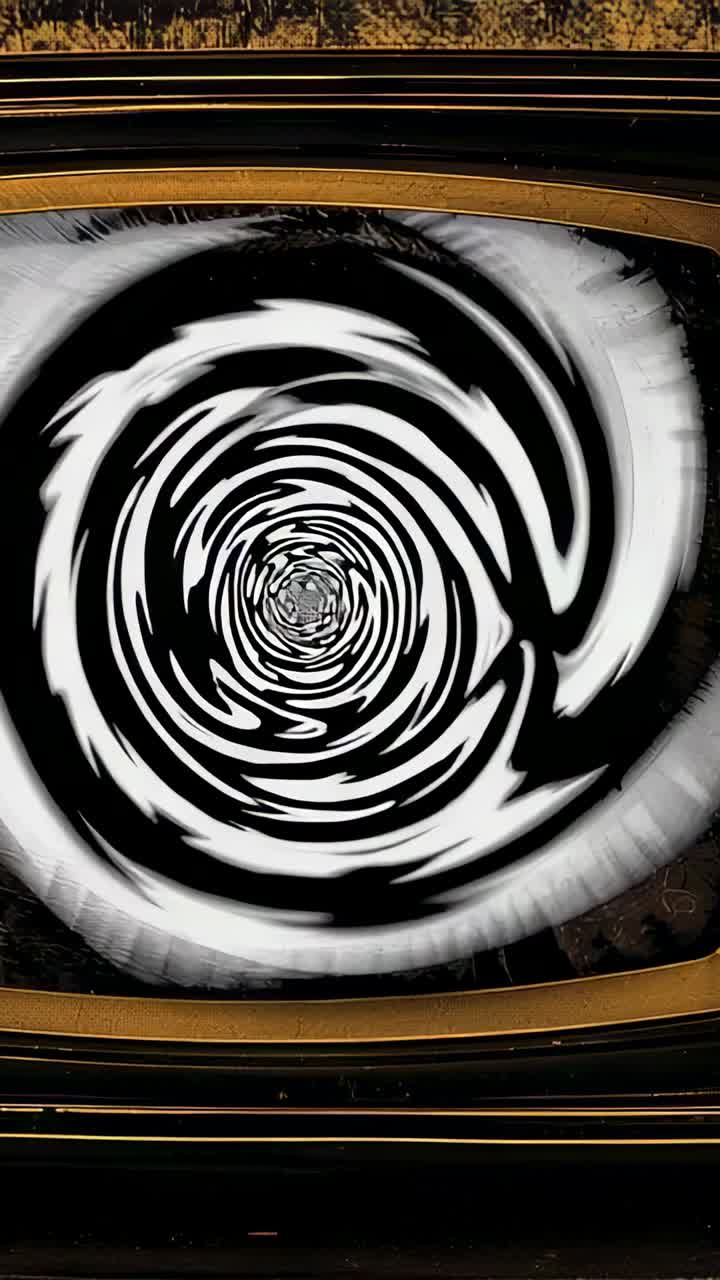 Video verticale: Animazione a spirale che inizia ruotando verso l'interno su un televisore vintage, creando un effetto tunnel