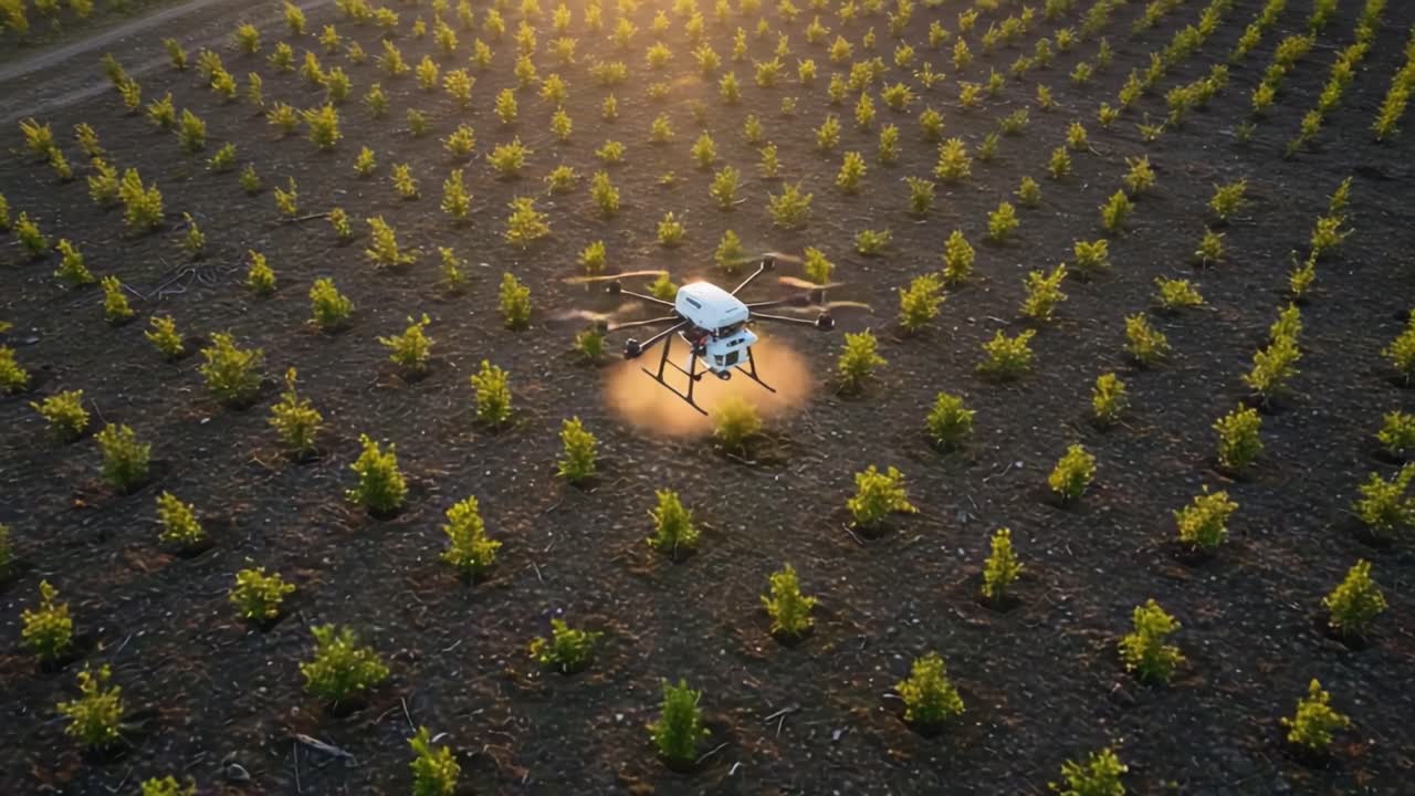 An Aerial View of a Drone Operating in a Vineyard, Capturing Cutting-Edge Agricultural Technology at Work Amidst Rows of Healthy Grape Vines Under Golden Sunrise Light