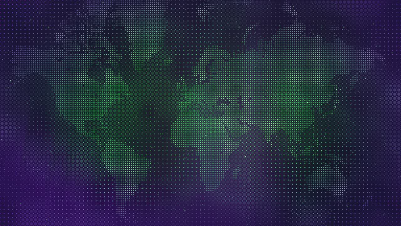 Futuristic Digital World Map with Particles in Motion and Halftone Dots Grid Overlay – Shifting and Changing Seamless Loopable Global Network Visualization