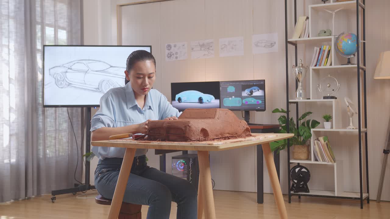 Una designer automobilistica asiatica lavora sul modello in argilla di un'auto, usando un coltello per levigare la superficie e creare dettagli nel design nello studio.