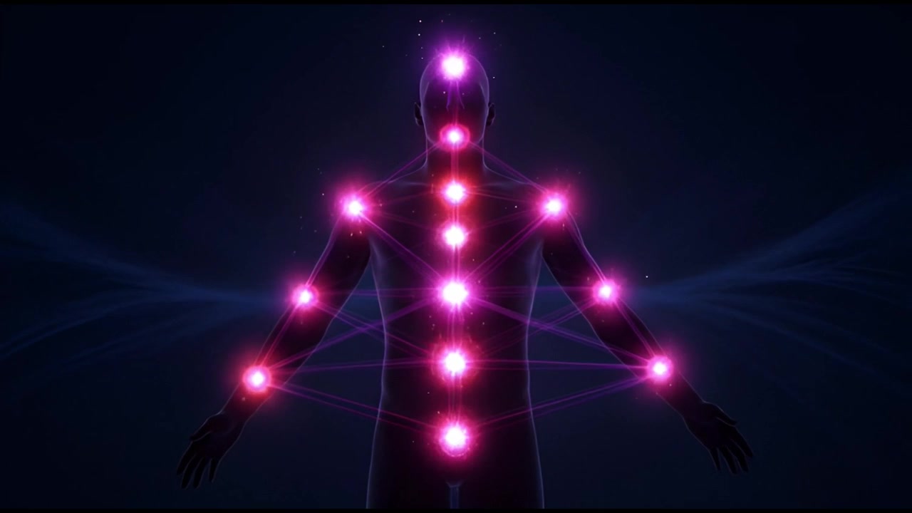Human Silhouette with Glowing Biofeedback Energy Points