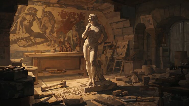Statua in marmo che riceve la calda luce del sole in un laboratorio di pietra, che mostra il recente lavoro con il maglio