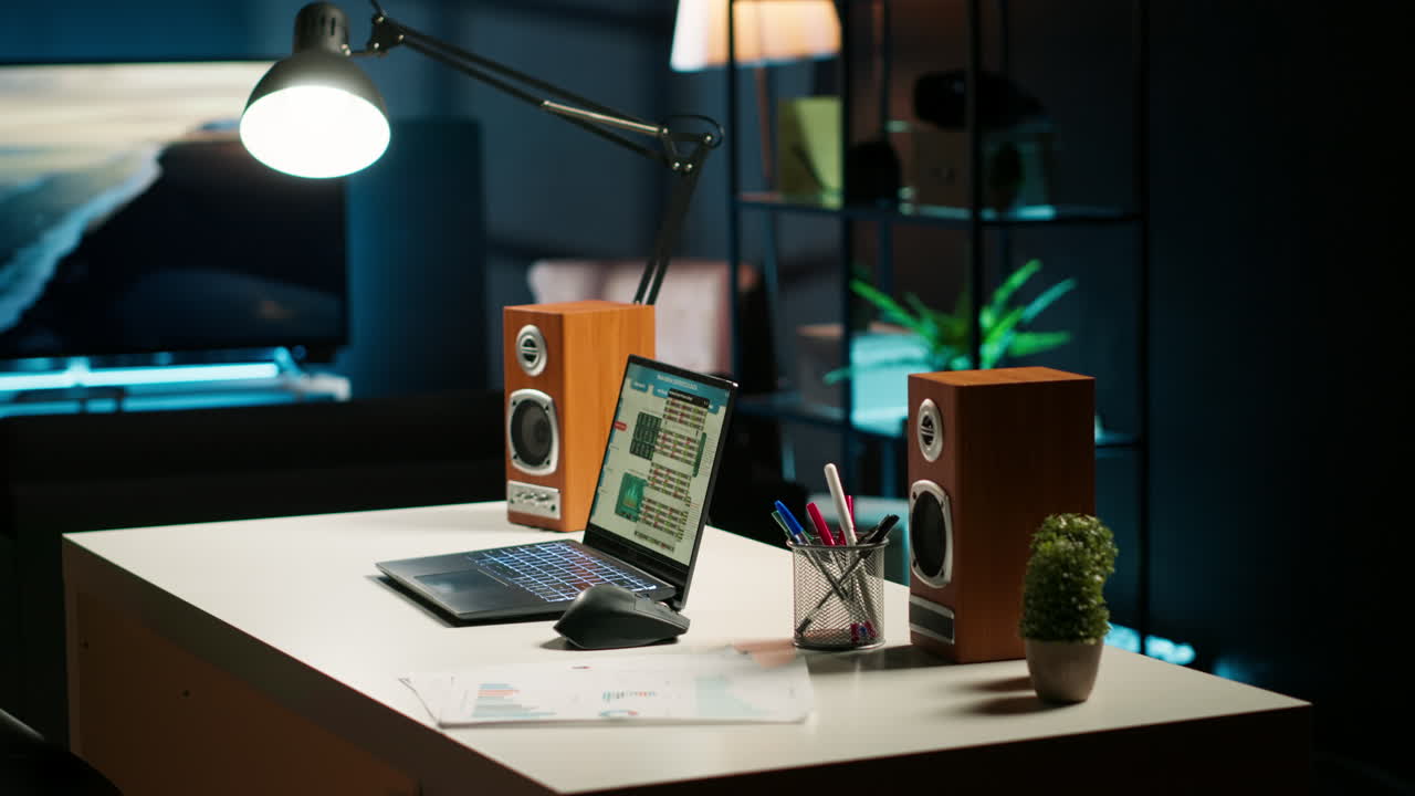 Stylish apartment with a spacious home office and wooden furniture