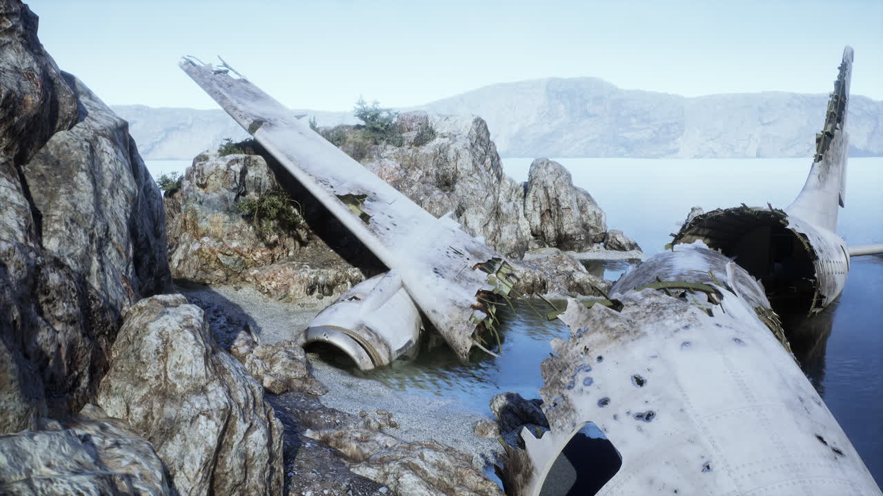 바위 가 있는 해안 에서 비행기 추락