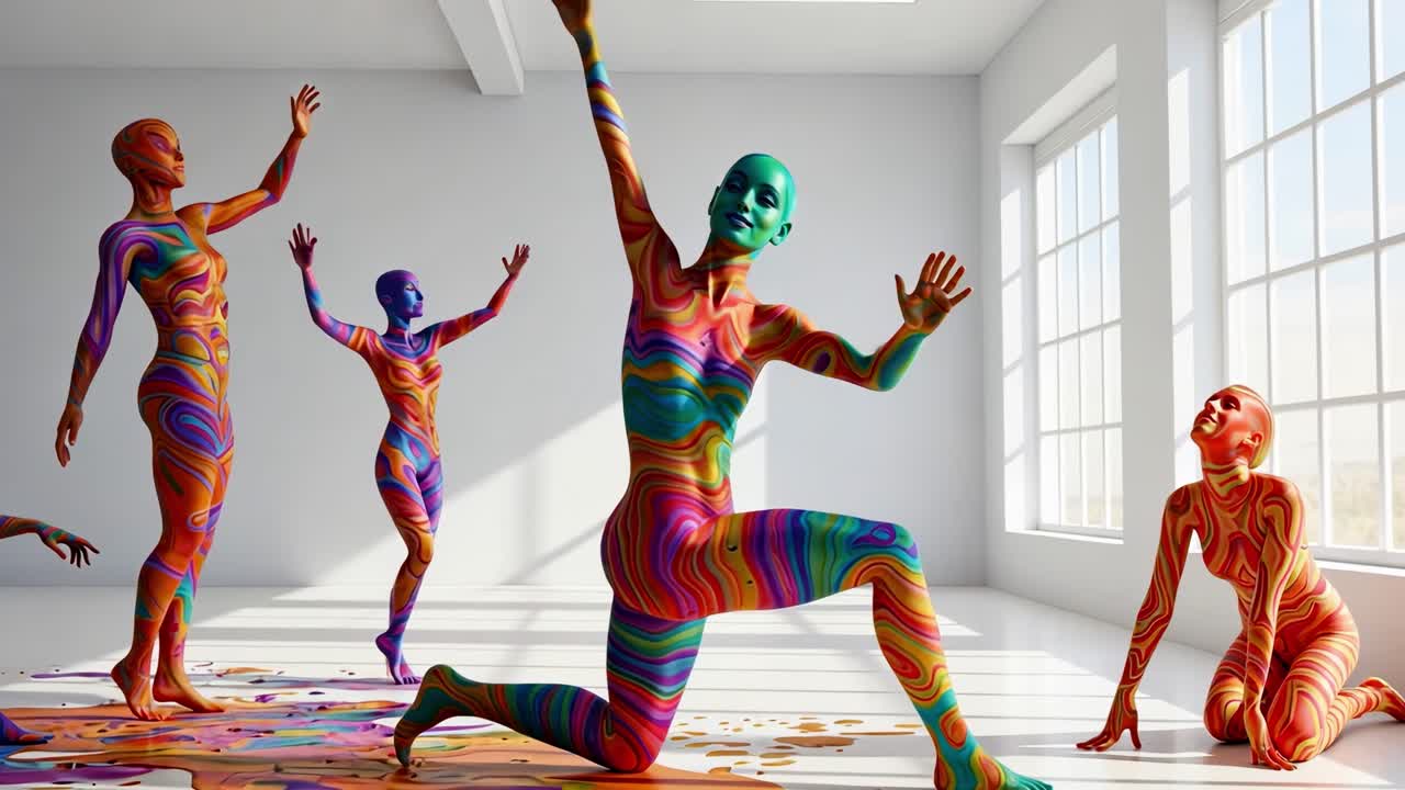 A vibrant exhibition of body painting captivates visitors with its array of colorful artistic expressions displayed in a large, spacious gallery