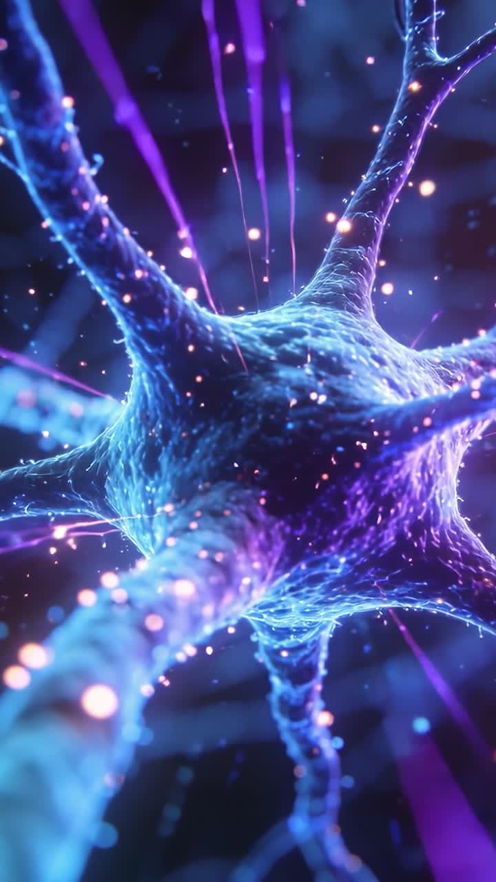 Vertical video: Neuron pulsing, signaling while light streams converging causing sparks for science