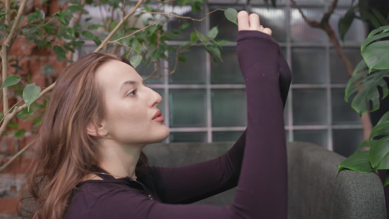 Pretty woman with curved nose holding phone in landscape mode, taking picture while seated between cushioned chairs, surrounded by indoor plants with brick and glass wall background