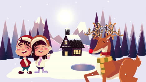 happy merry christmas animation with cute reinder and kids snowscape scene